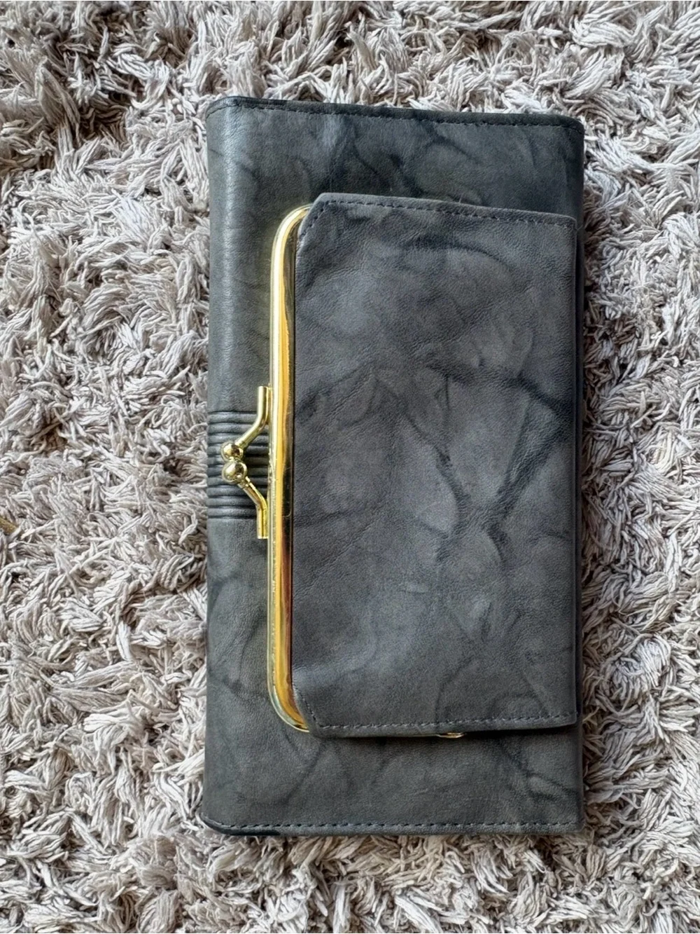 Buxton Gray Leather Wallet with Gold Kiss-Lock Accent